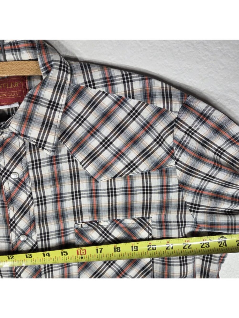 Vtg Rustler Pearl Snap Western Plaid Shirt X-Long Tails L Red Black Long Sleeve - Picture 14 of 15
